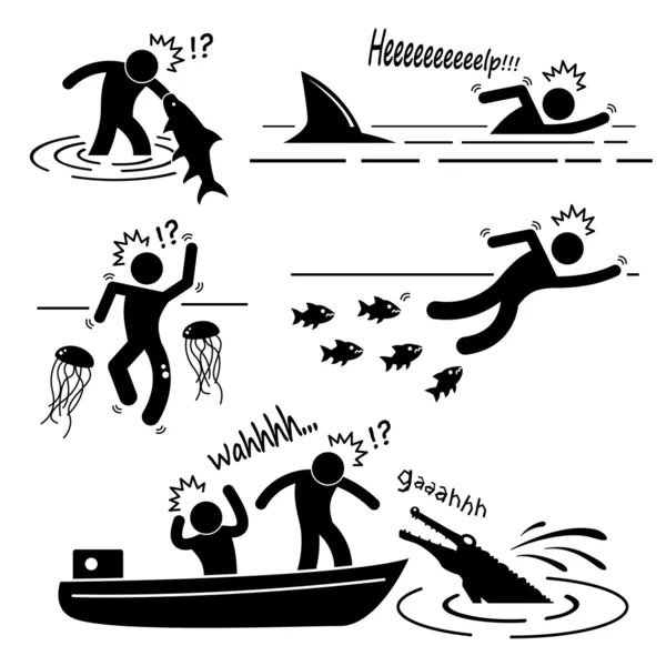 Water Sea River Fish Animal Attacking Hurting Human Stick Figure Pictogram Icon — Stock Vector