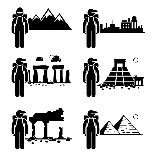 Explorateur Aventure à Snow Mountain City Ruines antiques Temple de pierre Egypte Pyramide Bâton Figure Pictogramme Icône — Image vectorielle