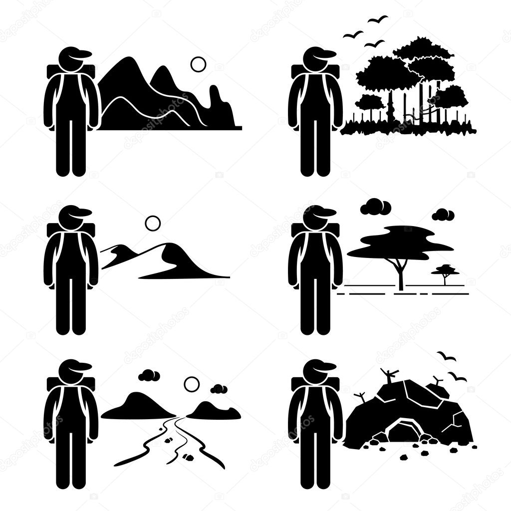 Explorer Adventure at Mountain Rainforest Desert Savanna River Cave Stick Figure Pictogram Icon