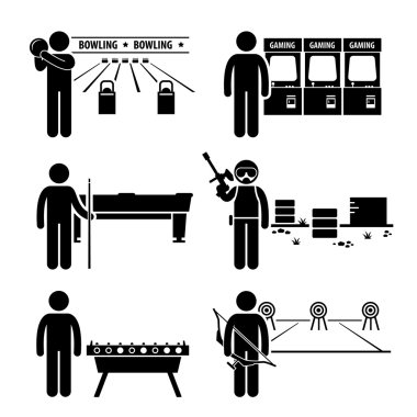 Eğlence Eğlence Oyunlar - bowling, Atari Merkezi, havuz, paintball, futbol tablo, okçuluk - stick şekil sembol simge clipart