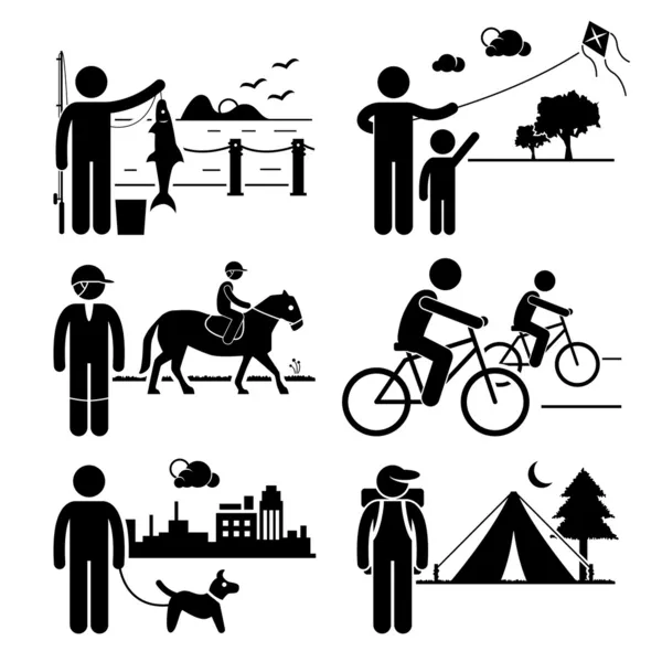 レクリエーション屋外レジャー活動-釣り、凧、乗馬、サイクリング、犬の散歩、キャンプ-スティック図ピクトグラムアイコンクリップ — ストックベクタ