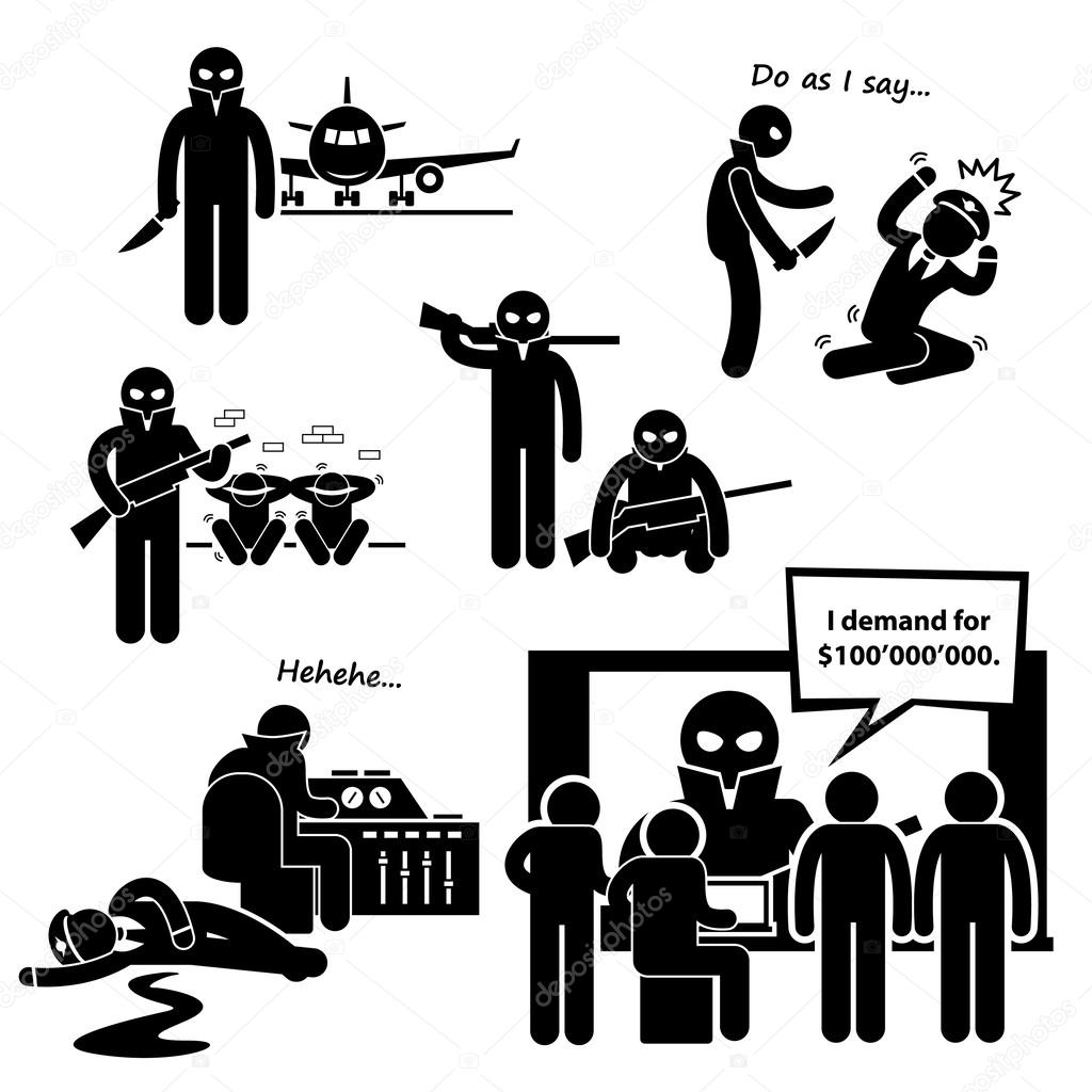 Hijacker Terrorist Airplane Stick Figure Pictogram Icon Clipart