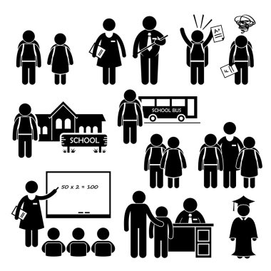 öğrenci öğretmen okul müdürü okul çocukları sopa rakam sembol simge clipart