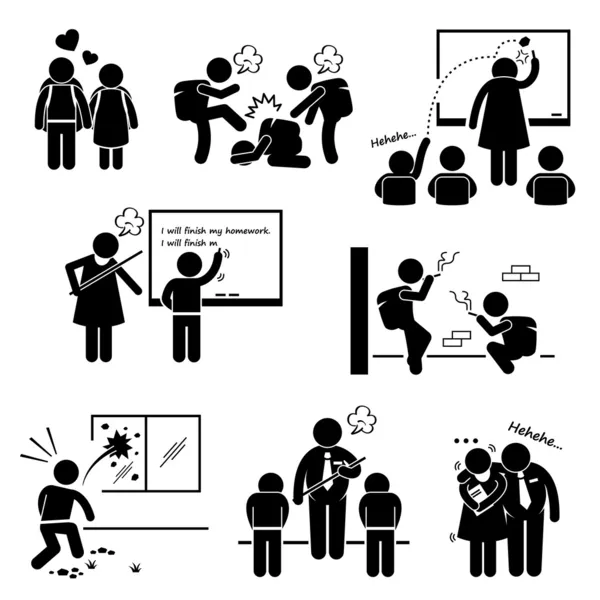 School onderwijs sociaal probleem student leraar stok figuur pictogram pictogram clipart — Stockvector