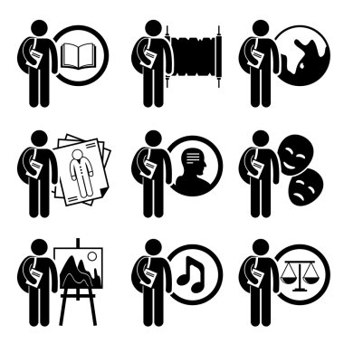 Öğrenci derecesi sanat ve Beşeri Bilimler - edebiyat, Tarih, coğrafya, moda tasarımı, felsefe, oyunculuk, resim, müzik, hukuk - stick şekil sembol simge clipart