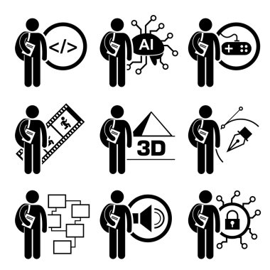Öğrenci Lisans bilgi teknolojisi - bilgisayar bilimi, AI, oyun tasarımı, multimedya animasyon, 3d, grafik tasarımcı, güvenlik yönetimi - stick şekil sembol simge clipart
