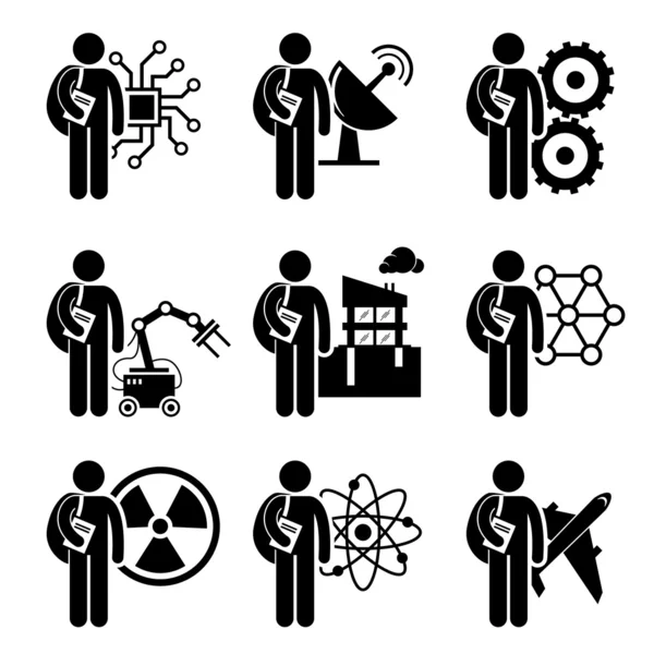 Student Degree in Engineering - Electrical, Mechanical, Telecommunication, Robotic, Civil, Nanotechnology, Nuclear, Chemical, Aerospace - Stick Figure Pictogram Icon Clipart — Stock Vector