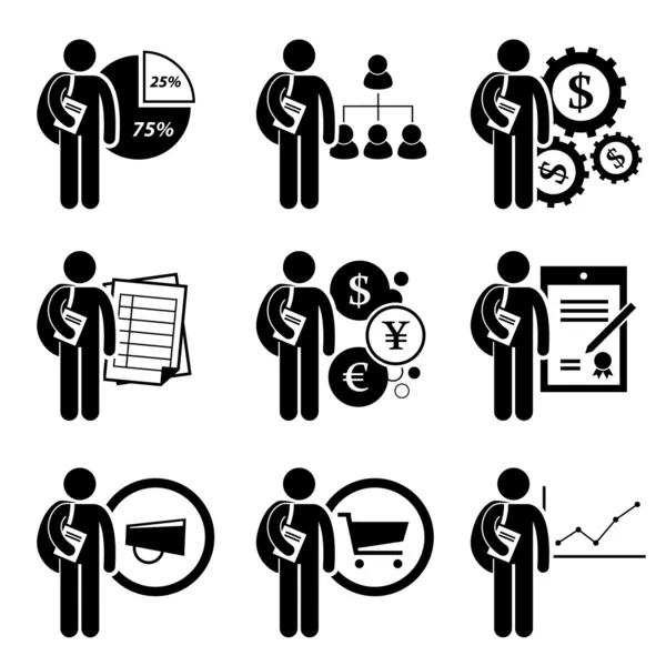 Grado en Administración de Empresas - Análisis, Recursos Humanos, Ingeniería Financiera, Contabilidad, Moneda, Derecho, Marketing, Comercio, Económico - Stick Figure Pictogram Icon Clipart — Vector de stock