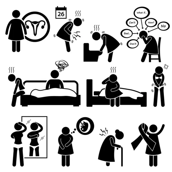 Frau Krankheit Krankheiten Strichmännchen Piktogramm Icon Cliparts — Stockvektor