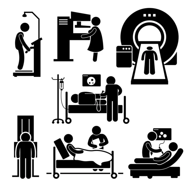 Hospital Medical Checkup Screening Diagnosis Diagnostic Stick Figure Pictogram Icon Cliparts — Stock Vector