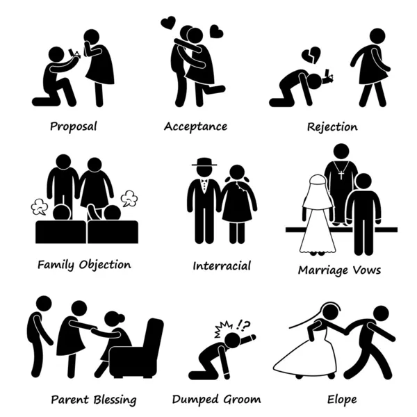 Couple d'amour Mariage Problème difficulté Bâton Figure Pictogramme Icône Cliparts — Image vectorielle