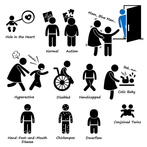 Enfant bébé enfant santé maladie syndrome problème bâton figure pictogramme icône clipart — Image vectorielle