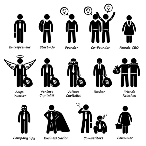 Entreprise Entrepreneur Investisseurs et concurrents Stick Figure Pictogramme Icône Cliparts — Image vectorielle