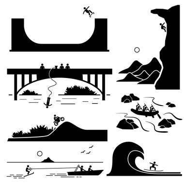 Extreme Sports - Skateboarding, Rock Climbing, Bungee Jumping, Motocross, White Water Rafting, Skurfing, Surfing - Stick Figure Pictogram Icons Cliparts clipart