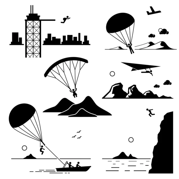 Deportes extremos - salto de base, paracaidismo, parapente, ala delta, parasailing, salto del acantilado - Iconos del pictograma de la figura del palillo Cliparts — Archivo Imágenes Vectoriales