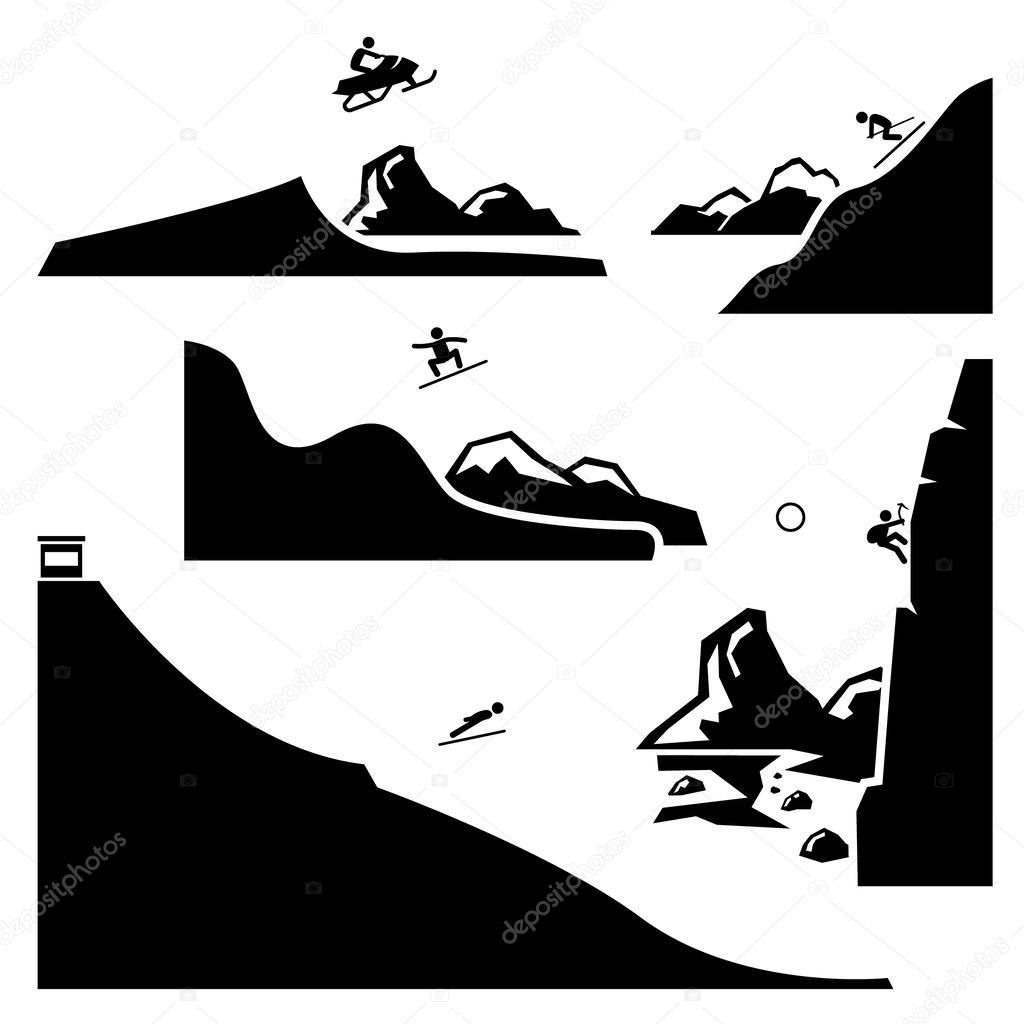 Extreme Sports - Snowmobiling, Skiing, Snowboarding, Ski Flying, Ice Climbing - Stick Figure Pictogram Icons Cliparts