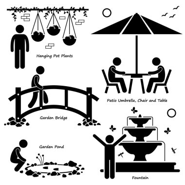 Home House Garden Outdoor Structures Fixture Decorations Stick Figure Pictogram Icon Cliparts