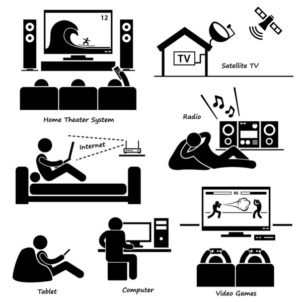 Home House Entertainment Electronic Appliances Stick Figure Pictogram Icon Cliparts