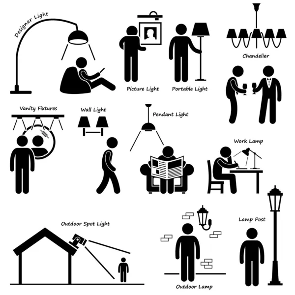 Home Huis Verlichting Lamp Designs Stick Figuur Pictogram Pictogram Pictogram Icon Cliparts — Stockvector