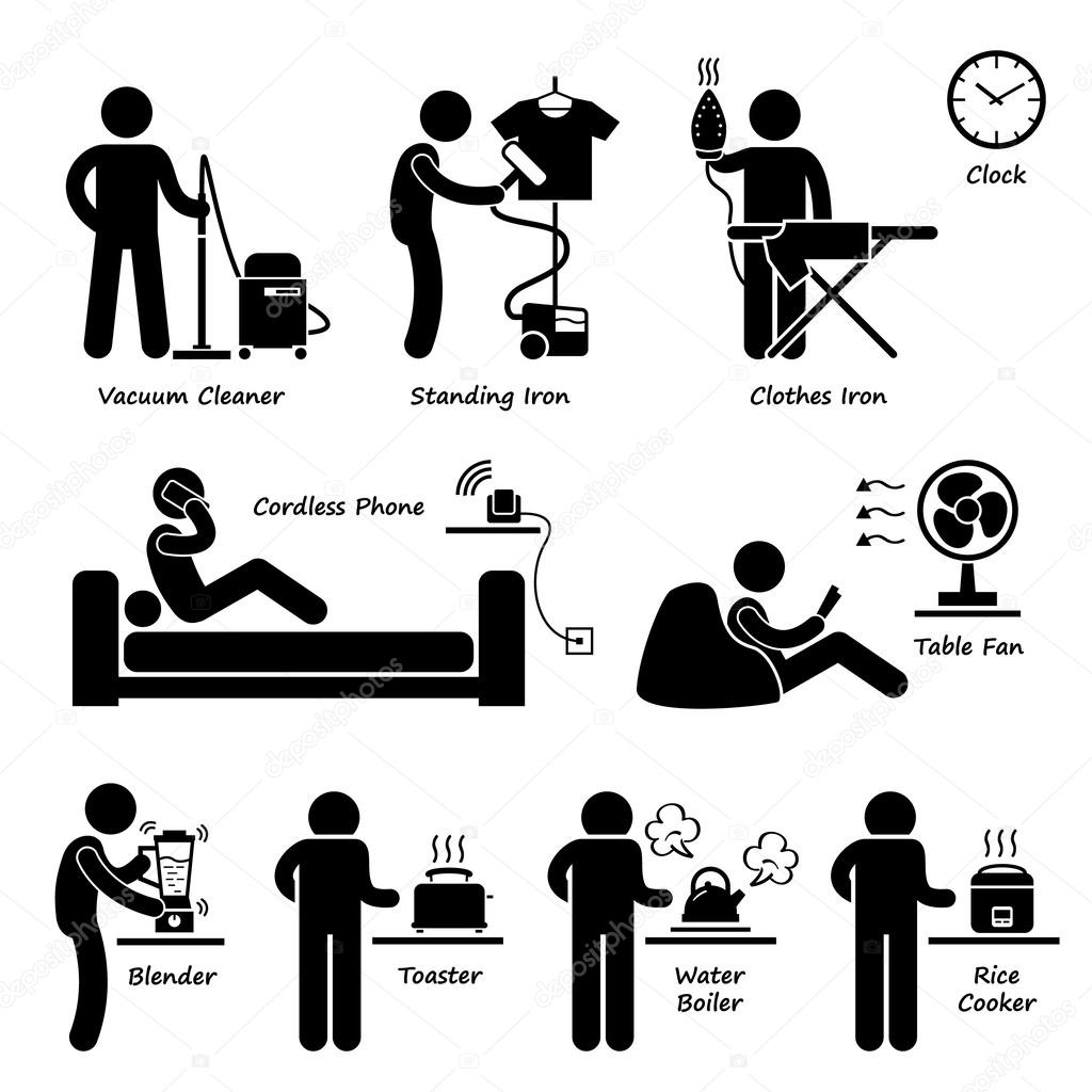 Home House Electronic Appliances Tools and Equipments Stick Figure Pictogram Icon Cliparts