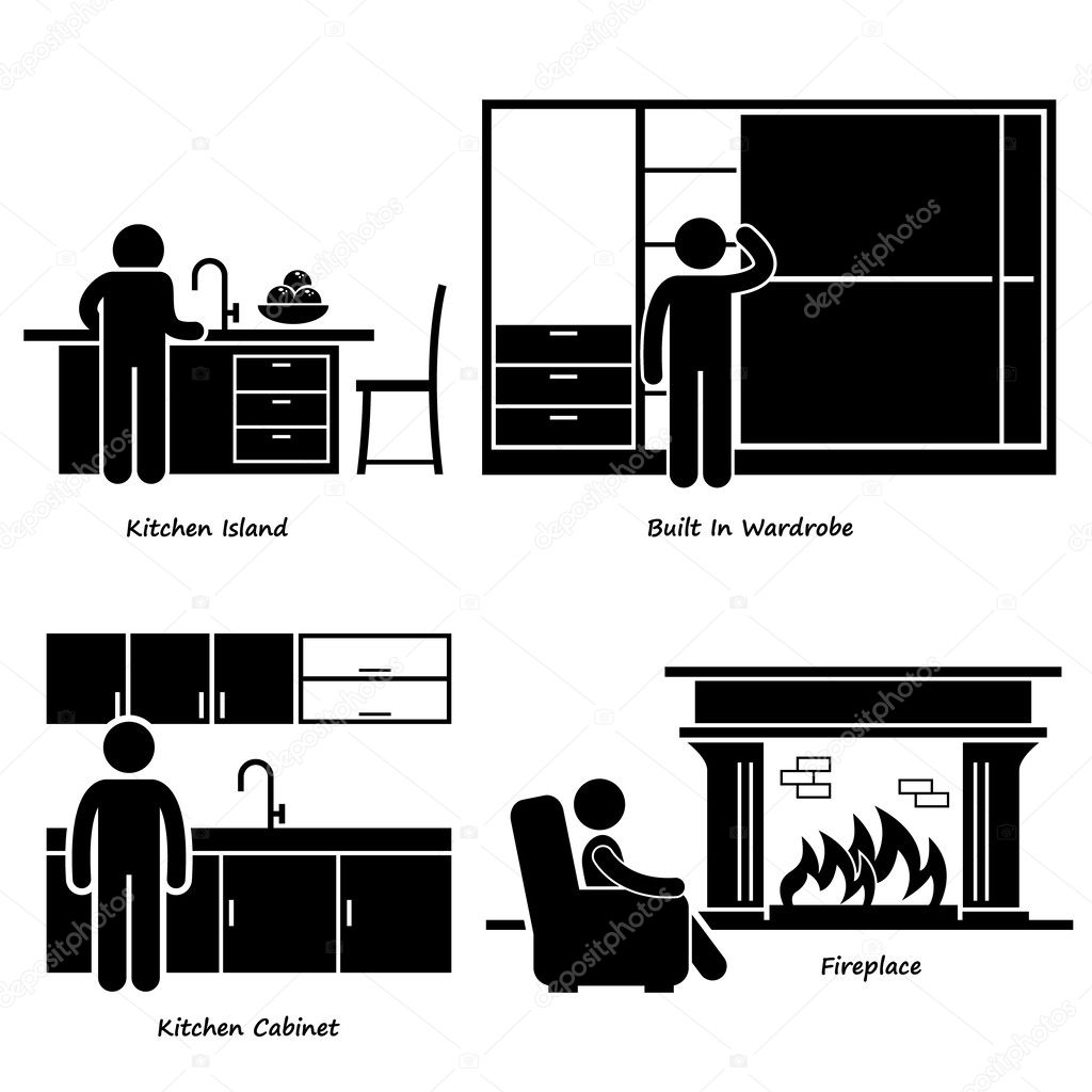 Home House Built-in Furniture Stick Figure Pictogram Icon Cliparts