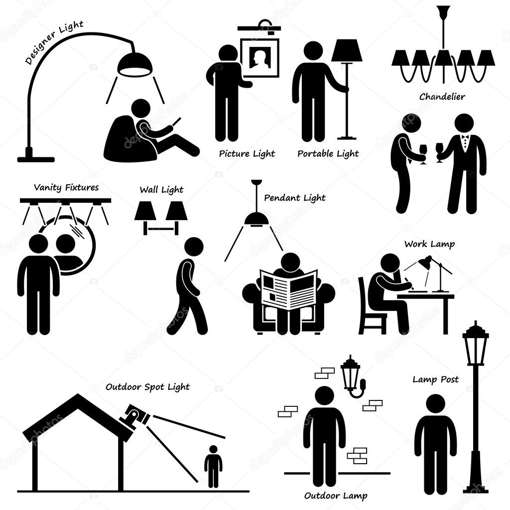 Home House Lighting Lamp Designs Stick Figure Pictogram Icon Cliparts