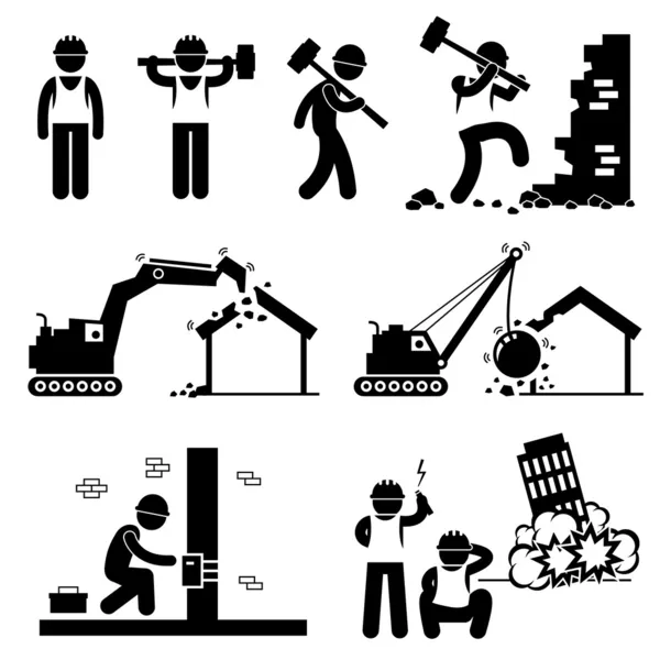 Demoliční dělník Demolish Building Stick Figure Pictogram Icon Cliparts — Stockový vektor