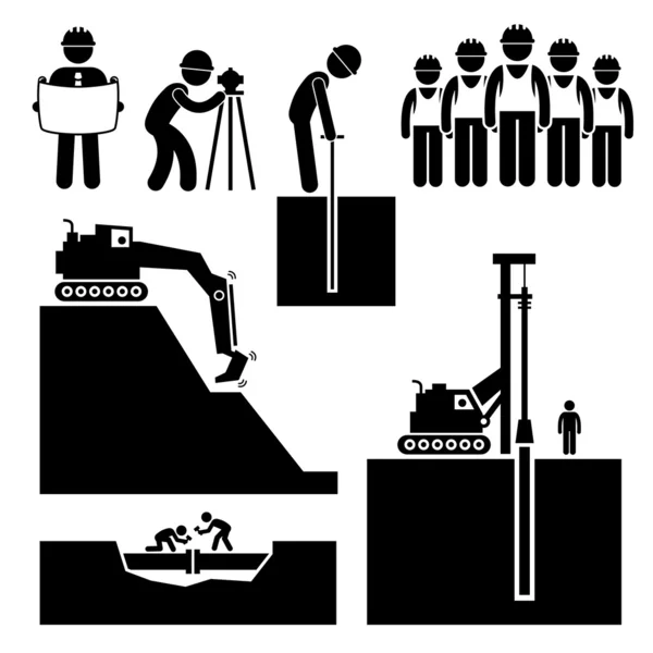 Construcción Ingeniería Civil Earthworks Worker Stick Figura Pictograma Icono Cliparts — Vector de stock