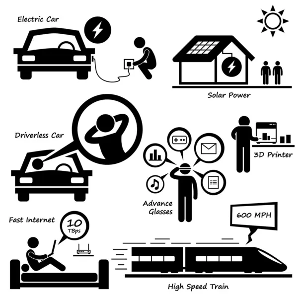 Technologie de pointe du futur Stick Figure Pictogramme Icône Cliparts — Image vectorielle