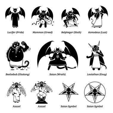 Seven deadly sins devils and Satan. Vector illustrations of Lucifer Pride, Mammon Greed, Belphegor Sloth, Asmodeus Lust, Beelzebub Gluttony, Satan Wrath, Leviathan Envy, Azazel, and scapegoat.  clipart