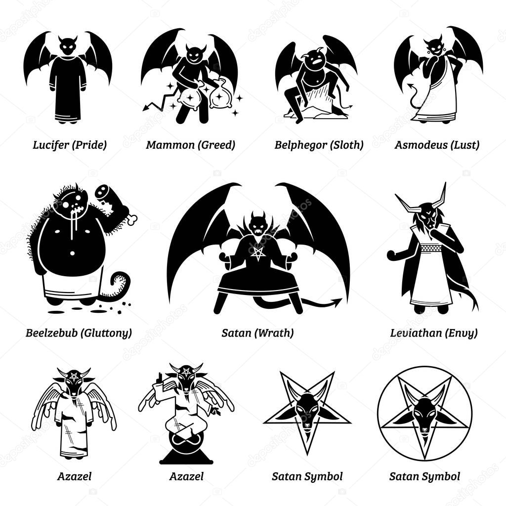 Seven deadly sins devils and Satan. Vector illustrations of Lucifer Pride, Mammon Greed, Belphegor Sloth, Asmodeus Lust, Beelzebub Gluttony, Satan Wrath, Leviathan Envy, Azazel, and scapegoat. 