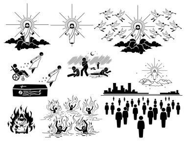 Second Coming and Resurrection in Judgement Day or Final Last Day. Vector illustration depicts Jesus arrival back to Earth to raise and restore all mortal body to life again. clipart