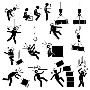 Warning sign, danger risk symbol, and safety precaution at workplace. Vector illustrations pictogram of manual handling, dangerous object things falling from above and dropping boxes hazard. 