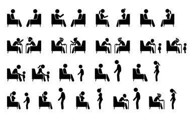 People sitting on a sofa or chair talking and facing each other. Vector illustrations pictogram of stick figure man, woman, elderly, and young child talking face to face with one another.