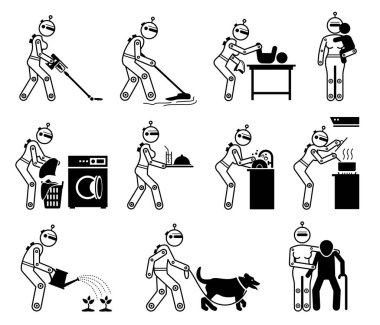 Robot humanoid robotic house helper maid housework caretaker cyborg working chores. Vector illustrations of robot human cleaning, babysit, cooking, washing, taking care of baby, elderly, and pet dog.