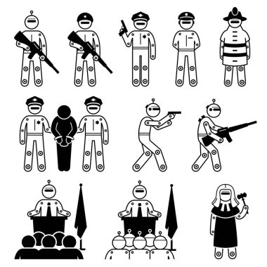 Robot humanoid soldier, police, government, judge and authority. Vector illustrations of robot enforcer, cyborg police and army with gun, and artificial intelligence president and leader.