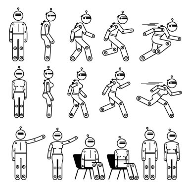Robot humanoid robotic cyborg human male and female basic poses and actions. Vector illustrations of robot humanoid man and woman character standing, walking, running, talking, sitting, and standing.