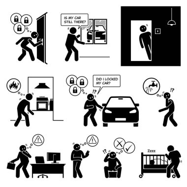 Obsessive compulsive disorder OCD. Repetitive harm checking and doubt. Vector illustrations of people suffering with repetitive harm checking and doubt obsessive compulsive mental disorder OCD.
