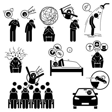 Obsessive compulsive disorder OCD. Ruminations intrusive thoughts Pure O mental disorder. Vector illustrations of people suffering with intrusive thoughts, self guilt, shame, harm, and impulse urge.