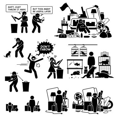 Obsessive compulsive disorder OCD. Hoarder hoarding mental disorder. Vector illustrations of hoarder suffering with hoarding obsessive compulsive disorder OCD by keeping too many things and animals.