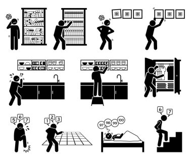 Obsessive compulsive disorder OCD. Symmetry symmetrical ordering orderliness arranging counting. Vector illustrations of people suffering with symmetrical obsessive compulsive mental disorder OCD. clipart