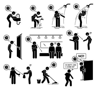 Obsessive compulsive disorder OCD. Contamination washing cleaning. Vector illustrations of people suffering with obsessive compulsive mental disorder OCD. Man repetitively washing hand, leg, and body. clipart