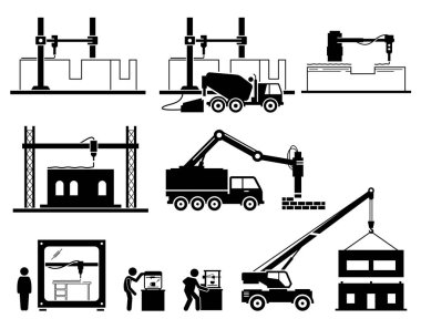 Building house using 3d printer and creating modular home. Vector illustrations of 3d printing technology to build home and rapid prototyping for products. vector
