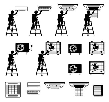 AC air conditioner conditioning unit. Man checking servicing air-conditioner unit at indoor and outdoor compressor. Vector illustration of technician installing and inspecting AC unit. 