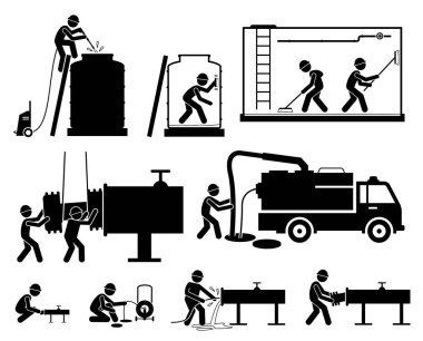 Water tank, pipe, pipeline, and sewerage cleaning service by cleaner. Vector illustrations of cleaner worker and engineer washing water tank, pigging pipeline to unclog clogged pipe, and clean sewer.