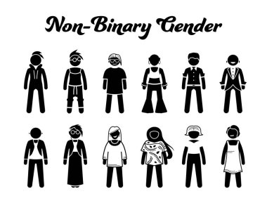 Nonbinary or non-binary gender character icon designs. Vector illustrations depicts human characters of nonbinary gender, LGBT, LGBTQ, transgender, gay, lesbian, queer man and woman fashion style. 