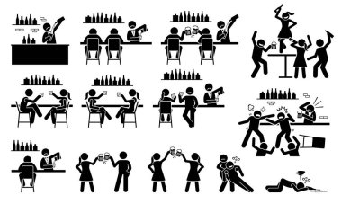 People drinking beer and wine at bar. Vector illustration stick figures of bartender, male and female friends drinking alcohol, girl dancing on table, clinking beer glass, bar fight, and drunk at bar.