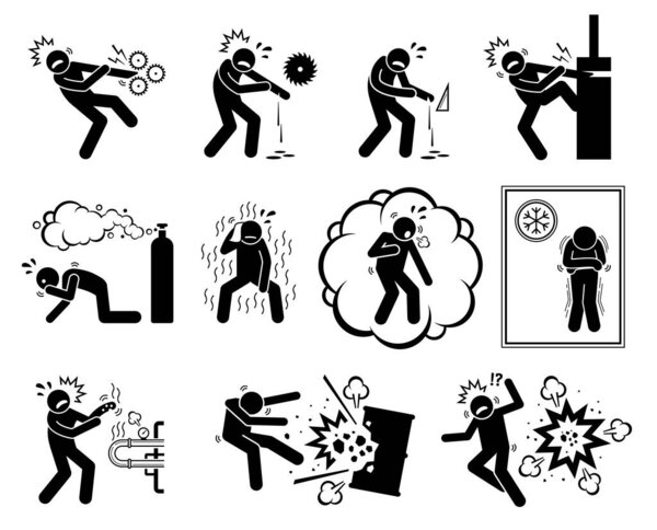 Warning sign, danger risk symbol, and safety precaution at workplace. Vector illustration pictogram of pinch point, sharp object, entrapment hazard, toxic gas, sub-zero, hot temperature and explosion.