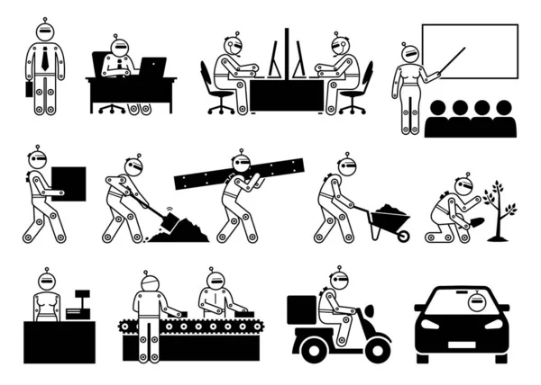 Robot Humanoid Industrial Cyborg Worker Working Different Industries Vector Illustrations —  Vetores de Stock