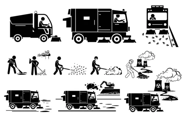 Street Sweeper Truck Worker Collecting Dirt Dusty Leaves Toxic Waste — Stockvector